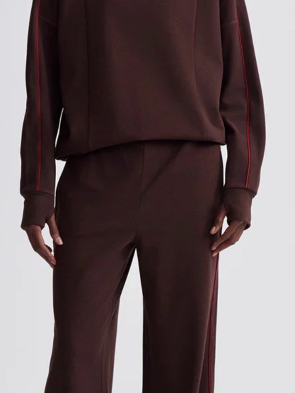 Varley Wide-Leg Wide Leg Sweatpants in Dark Brown with Red Stripe